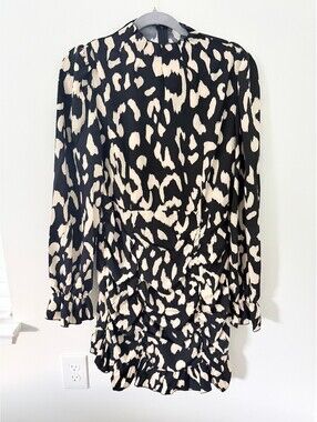 YOZY Women’s Large Black Cream Leopard Print Ruffle Mini Dress Long Sleeve